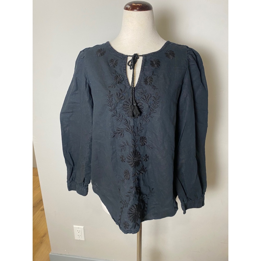 Gap Black Linen Blend Embroidered Tassel Tie Peasant Blouse Top Medium